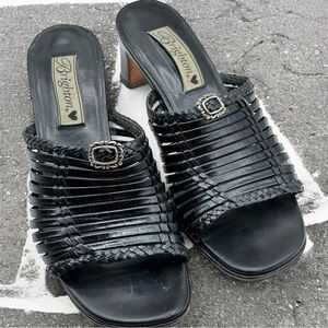 Brighton Freddi Strappy Mule Braided Trim Croc Leather Open Toe Heeled Sandals